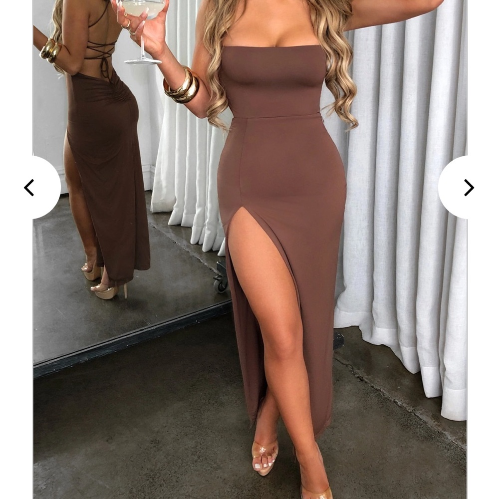 Babyboo, Victoria Maxi Dress, Chocolate, Size M, High Leg Slit, Tie Back